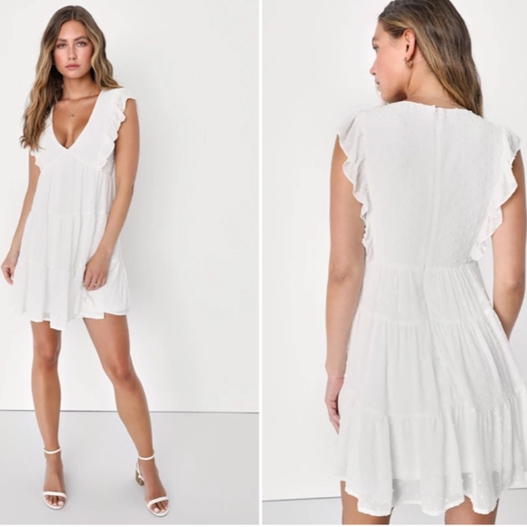 LULU's Bridal Shower Bachelorette Brunch Engagement Flowy Swiss Dot Baby Doll - Picture 4 of 6